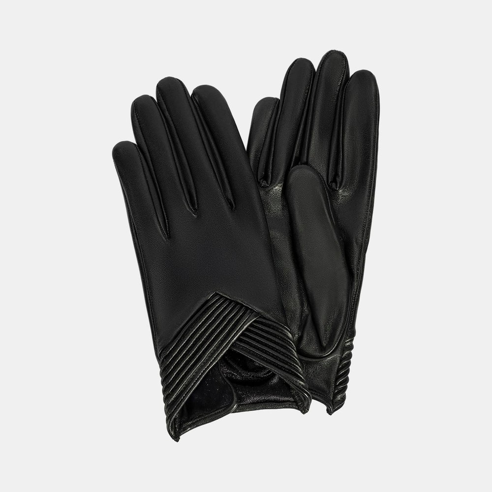 Kadın Siyah Lastik Detaylı Deri Eldiven