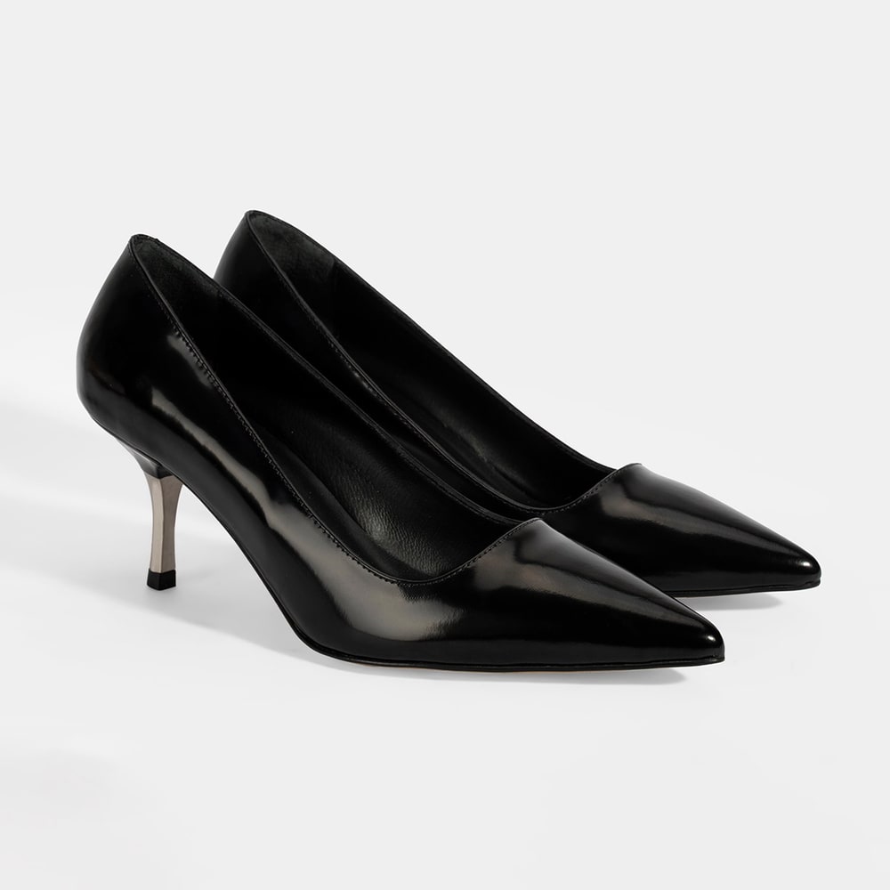 Kadın Siyah Metal Topuk Detaylı Rugan Abiye Ayakkabı