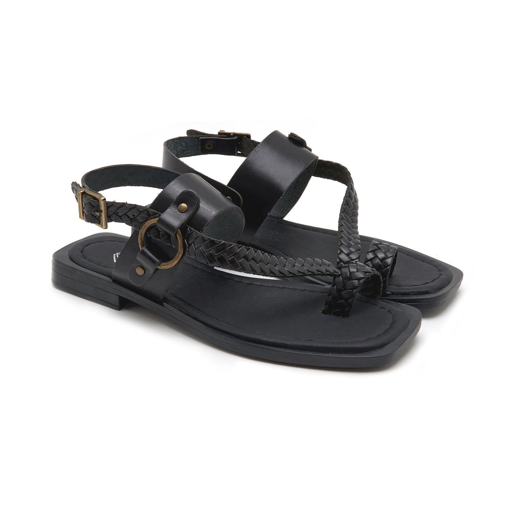 Kadın Siyah Örgü Baskılı Deri Sandalet