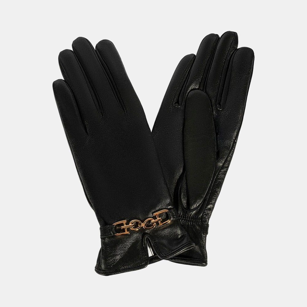 Kadın Siyah Zincir Aksesuarlı Deri Eldiven
