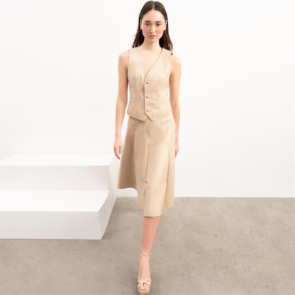 Limited Edition Kadın Bej Uzun Deri Etek