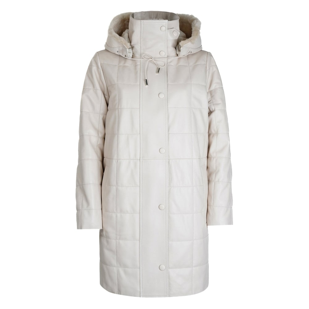 Mita Krem Kadın Kapüşonlu Deri Puffer Kaban