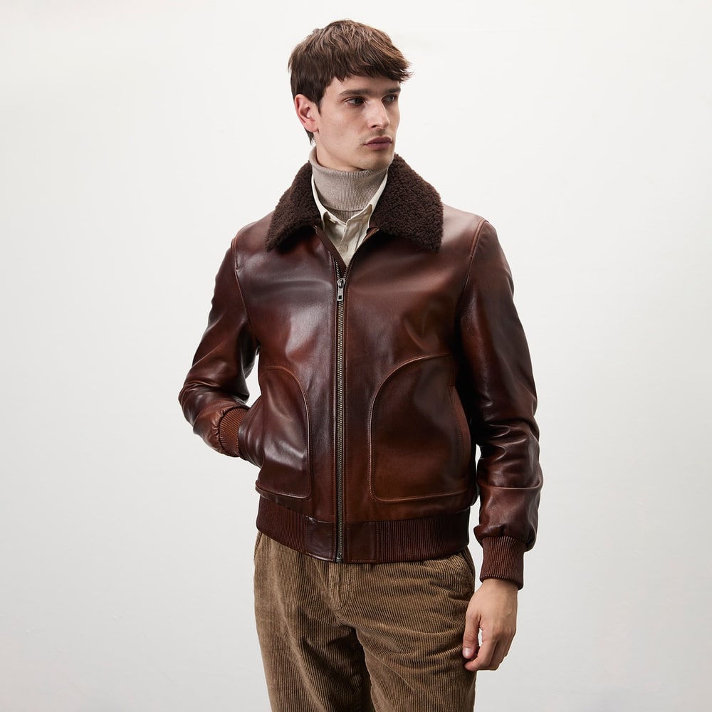 Safira Kahve Erkek Kürk Yakalı Deri Ceket