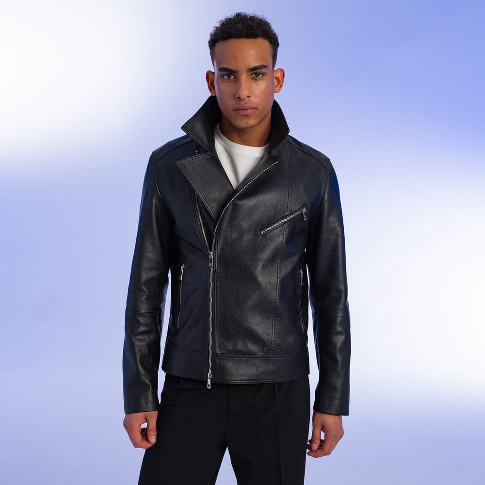 Santo Siyah Erkek Deri Biker Ceket