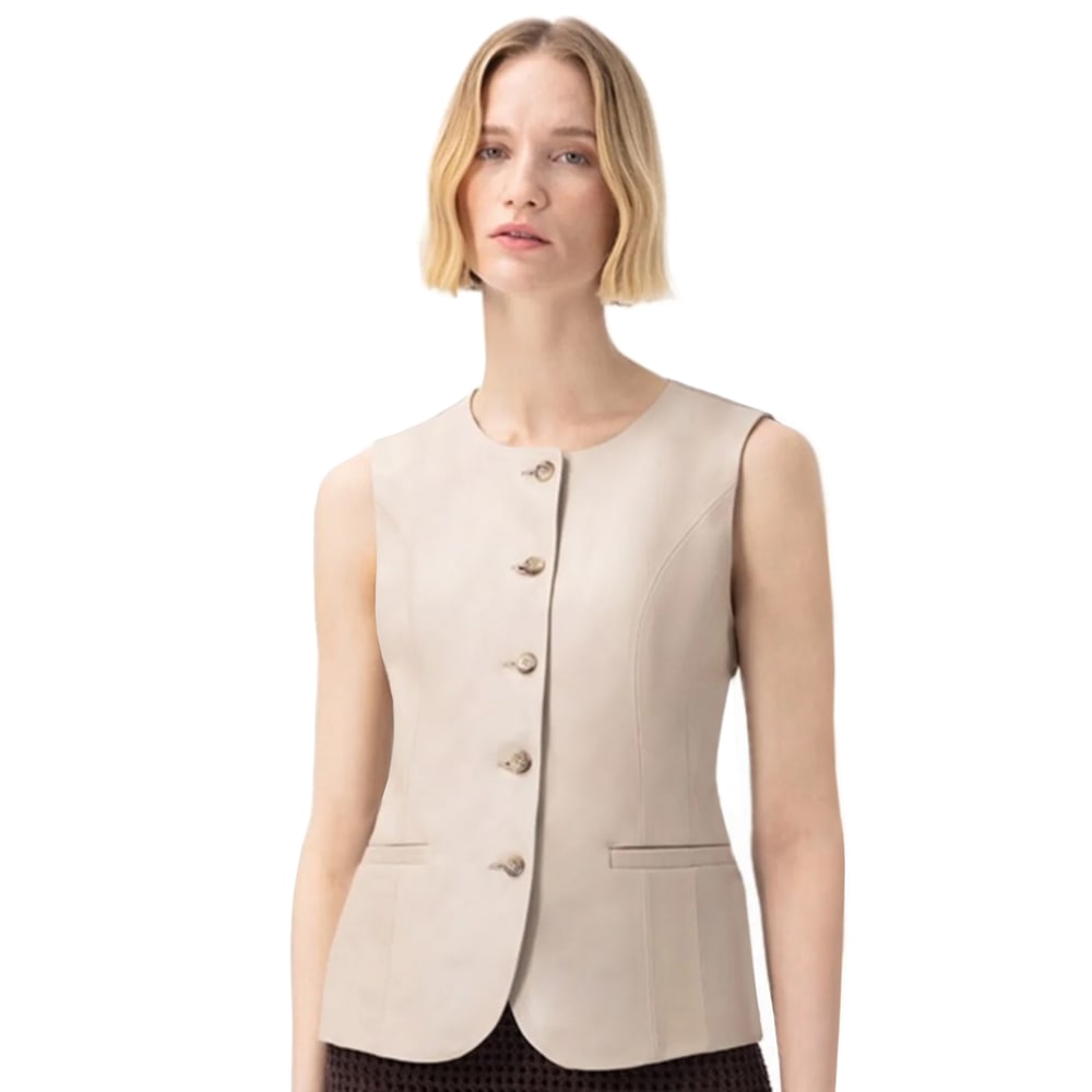 Siena Bej Kadın Deri Keten Yelek/Bluz