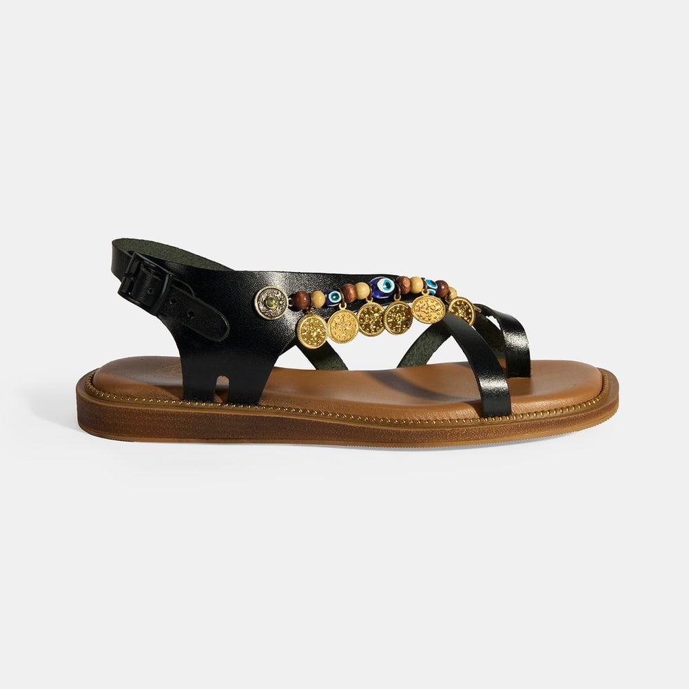 Siyah Kadın Toka Detaylı Aksesuarlı Deri Sandalet