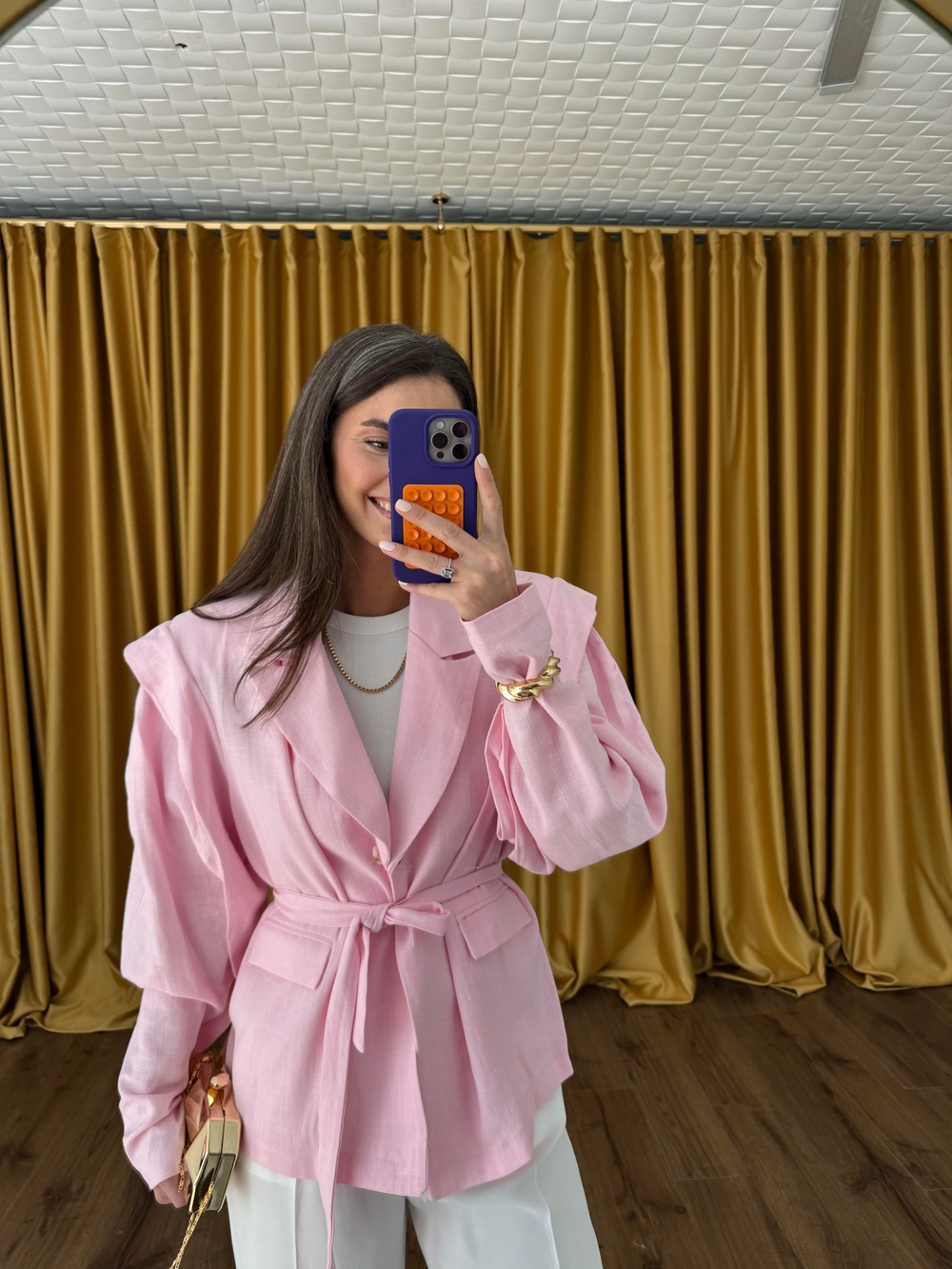 QULOVEYeni GelenlerAkra Pembe Keten Oversize Ceket
