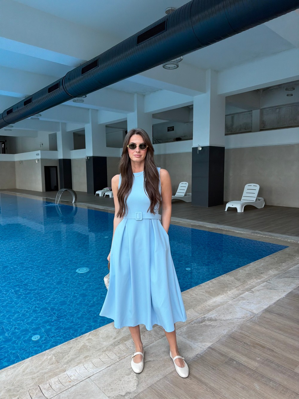 QULOVEYeni GelenlerBebe Mavisi Halter Yaka Kloş Elbise