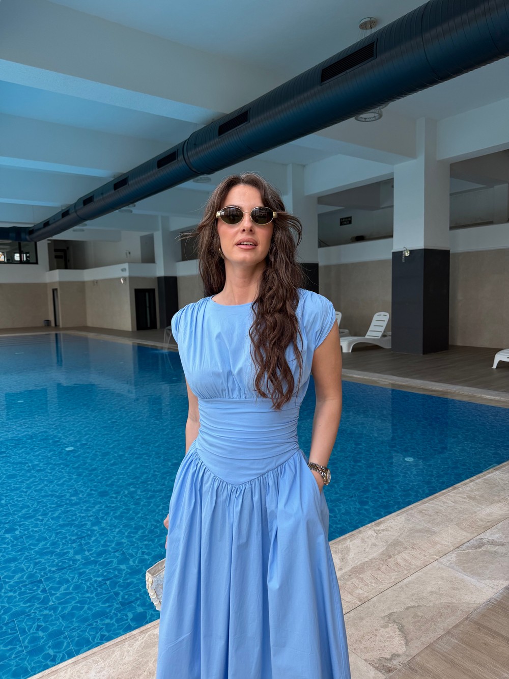 QULOVEYeni GelenlerBelden Büzgülü Maxi Elbise Mavi
