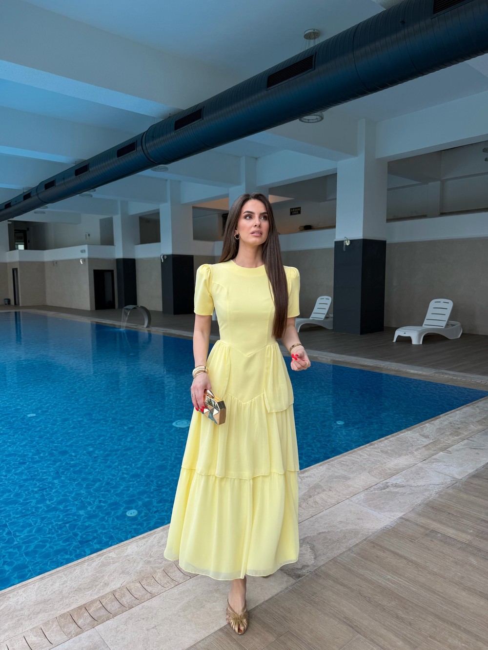QULOVEYeni GelenlerKısa Kol Sarı Sırt Bağlama Detaylı Elbise