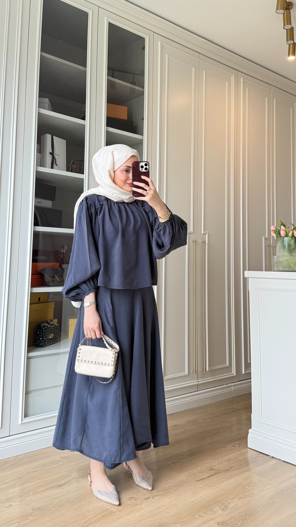 Düğme Detaylı Etekli Takım Lacivert