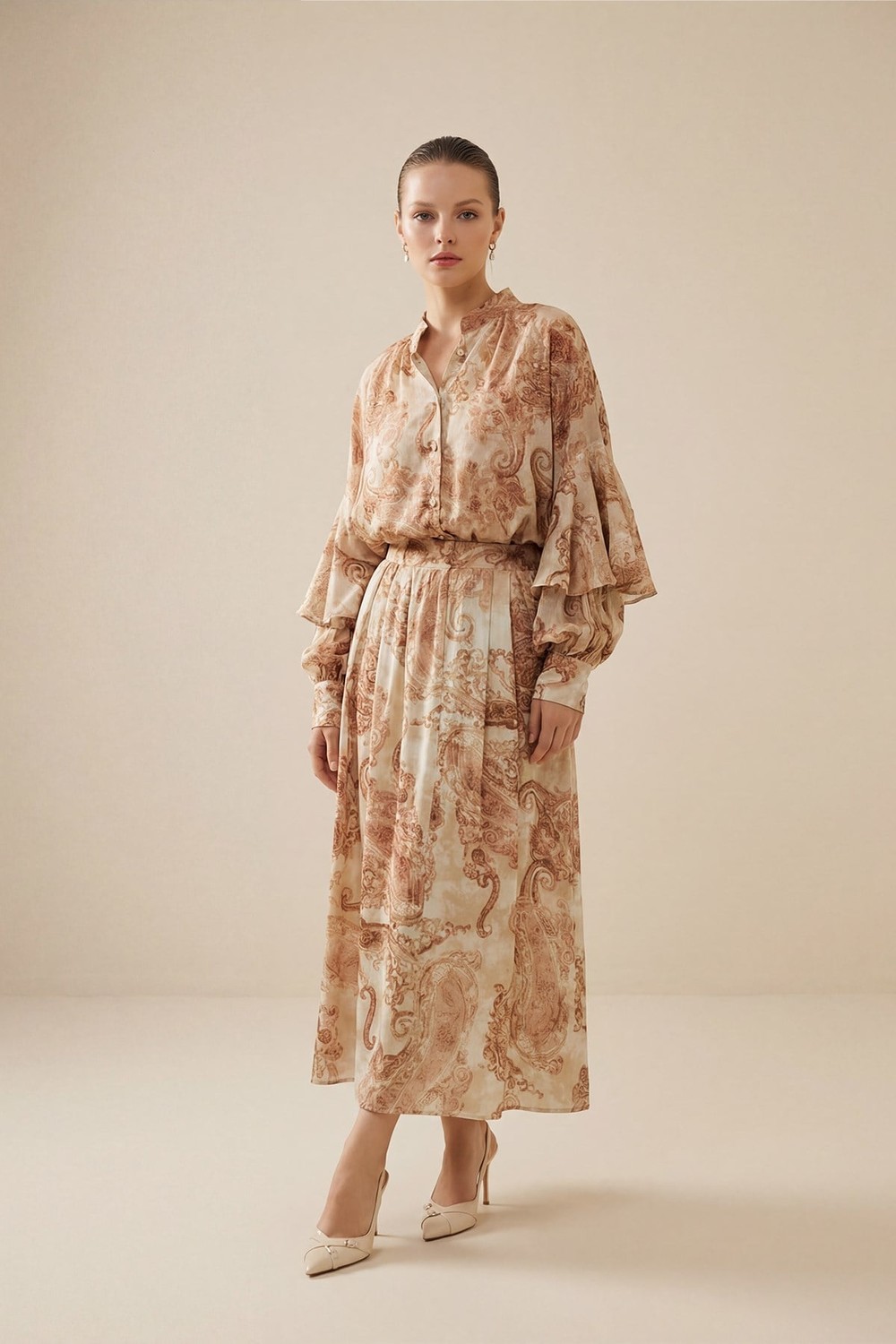 Somon Pile Detaylı Desenli Midi Etek