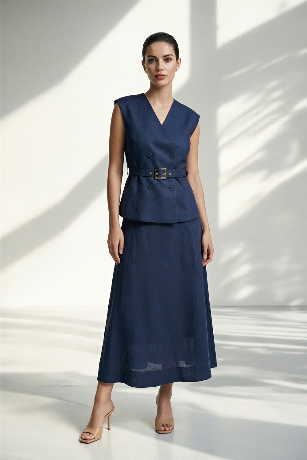 Lacivert %100 Keten Düğme Ve Kemer Detaylı Yelek Rahat Kesim Etekli Takım