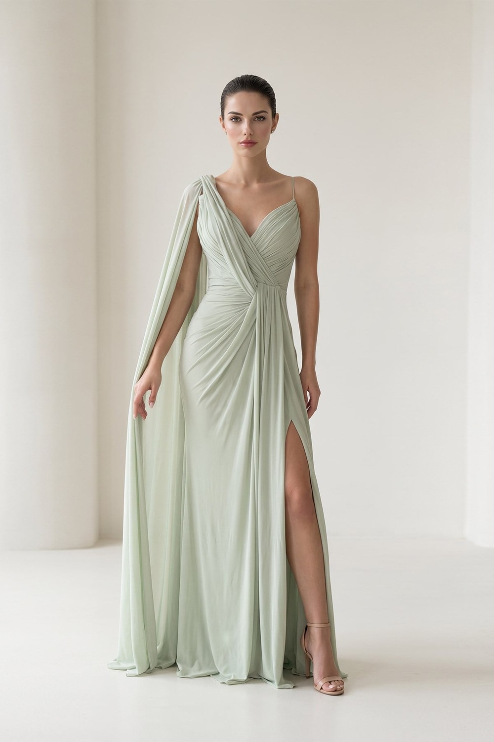 Mint Asimetrik Detaylı Drapeli Tam Kalıp Yırtmaç Detaylı Abiye Elbise