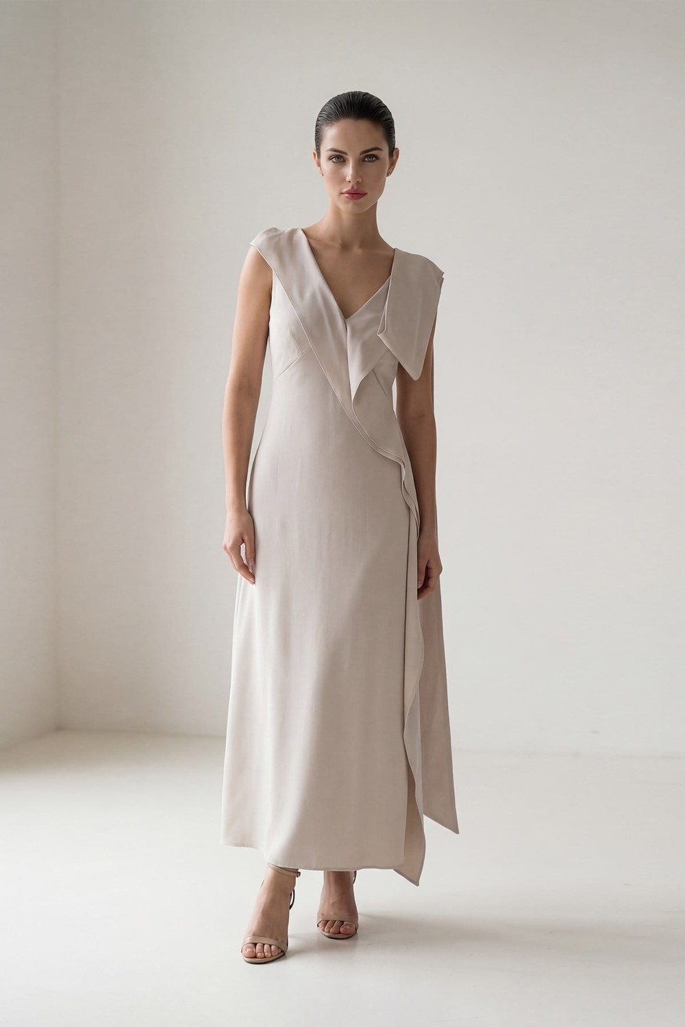 Taş V Yaka Kolsuz Asimetrik Detaylı Uzun Boy Elbise