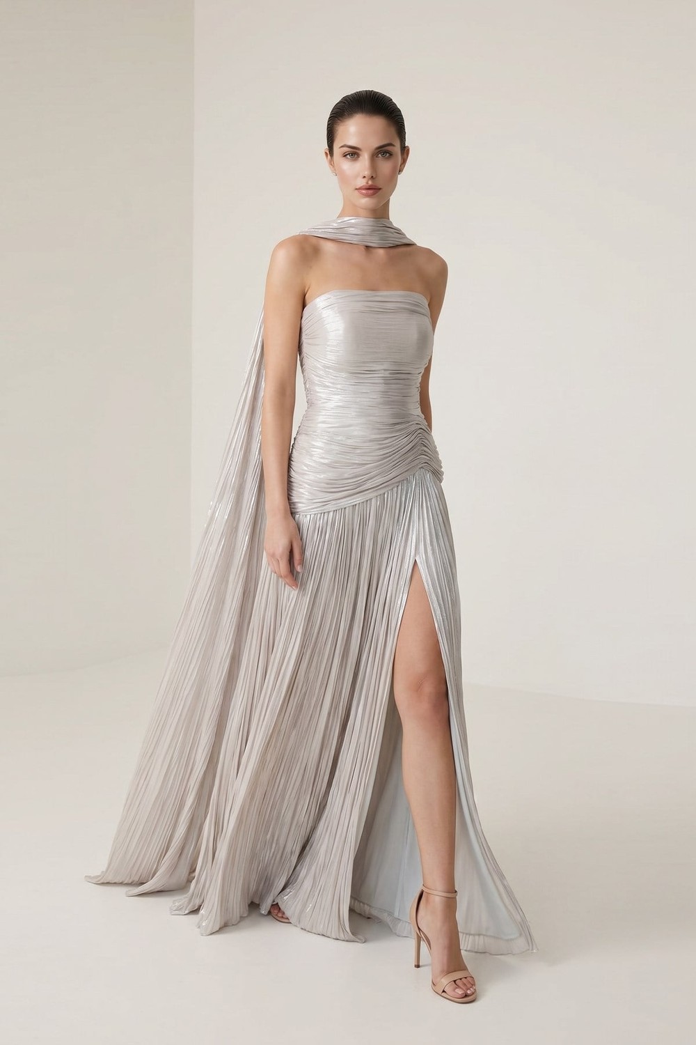 Taş Straplez Şal Ve Bel Detaylı Maksi Boy Abiye Elbise