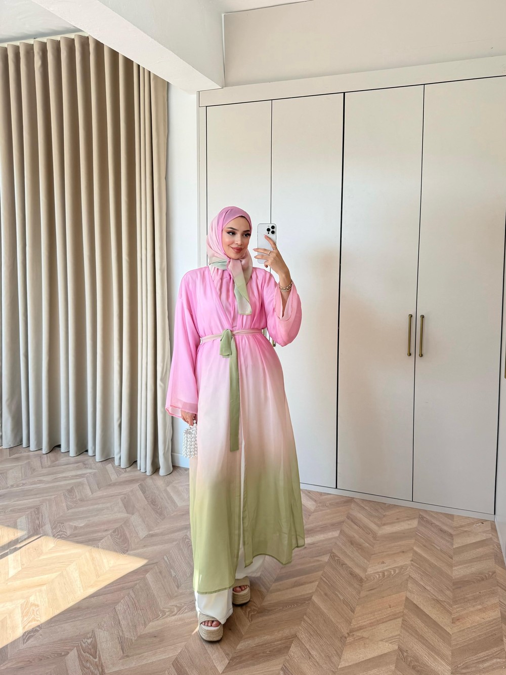 HR-1538H&R ButikKyl- Gökkuşağı Şallı Abaya Pembe Yeşil