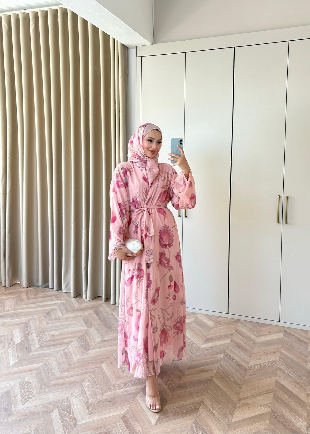 HR-1480H&R ButikMT- Lova Desenli Şallı Abaya Pembe Çiçek Desen