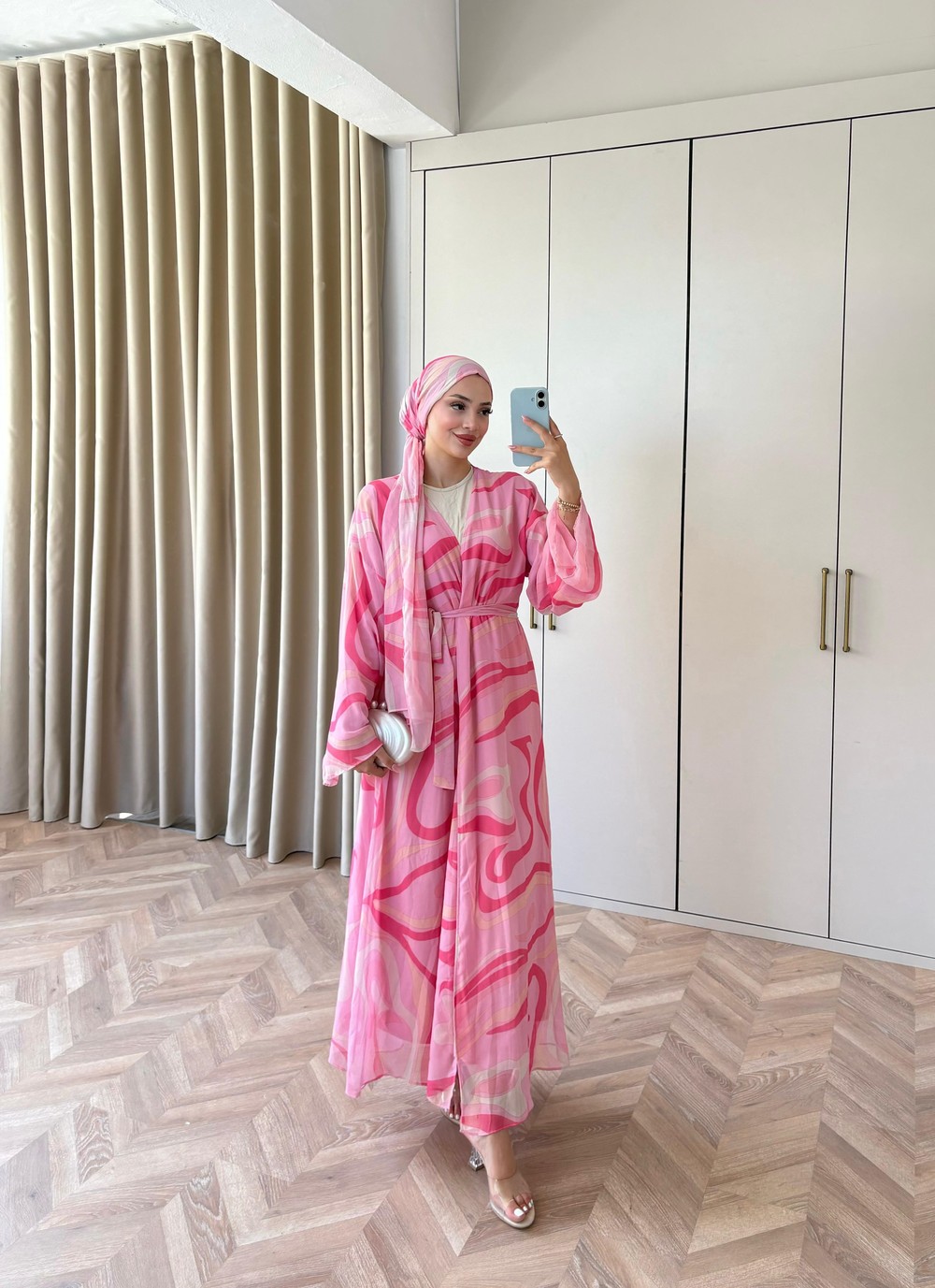 HR-1480H&R ButikMT- Lova Desenli Şallı Abaya Pembe Çizgi Desen