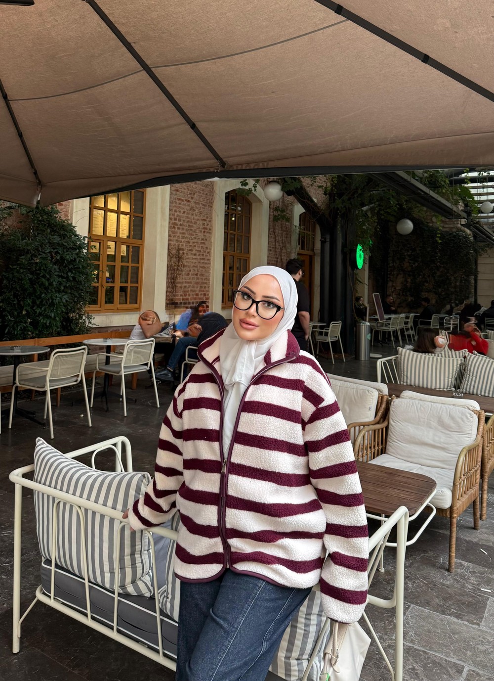 HR-3593H&R ButikMZ- Dema Çizgili Desen Bordo Ceket