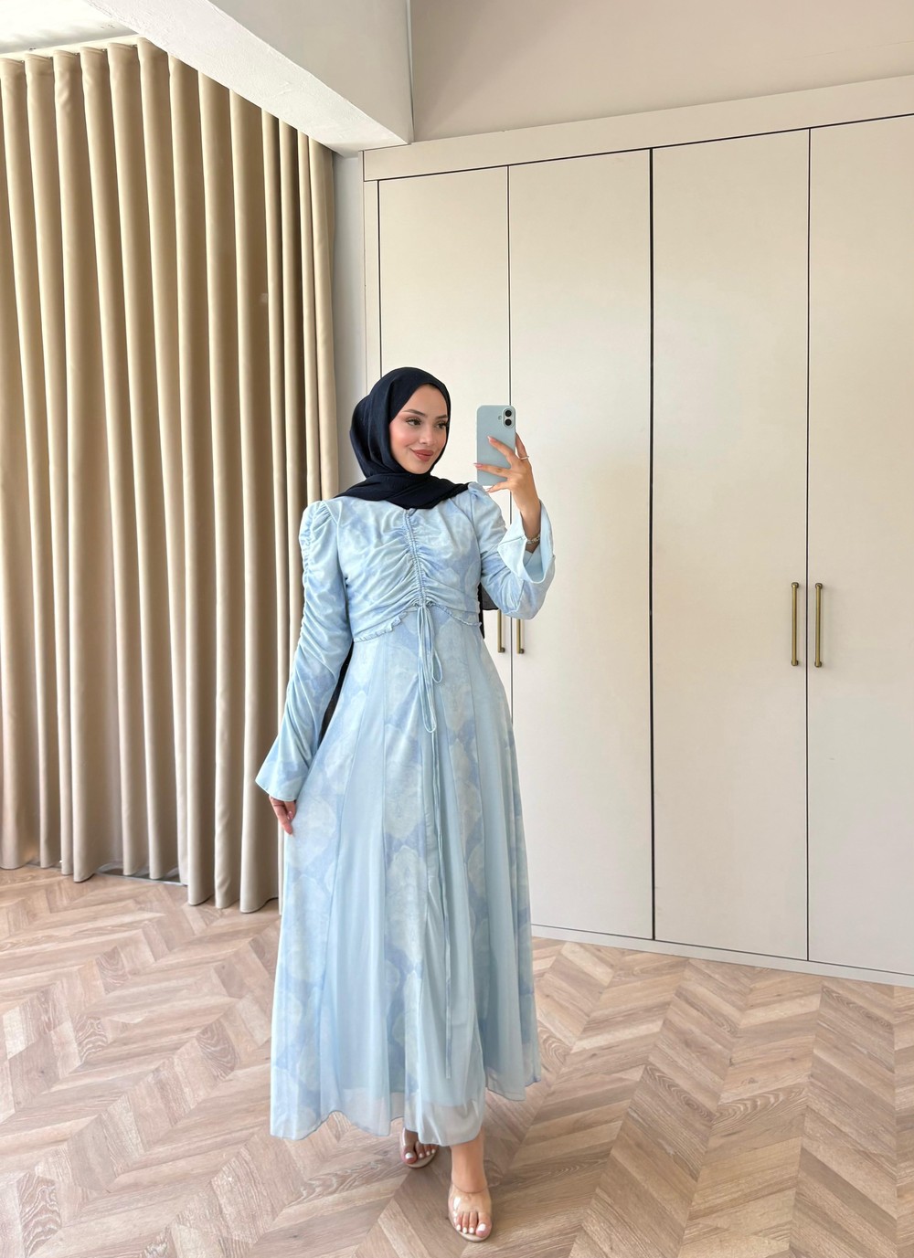 HR-1486H&R ButikAh - Ala Ön Büzgülü Elbise Bebe Mavi
