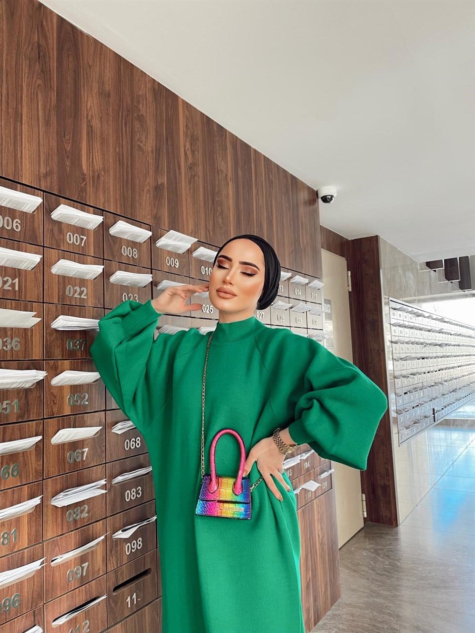 547H&R ButikBalon Kol Elbise Yeşil