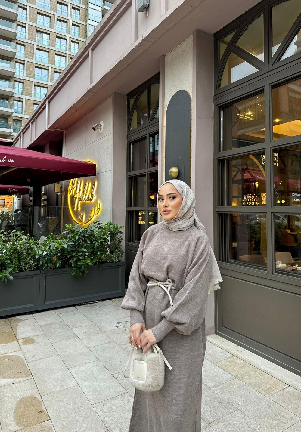 543H&R ButikBalon Kol Triko Elbise Açık Kahve