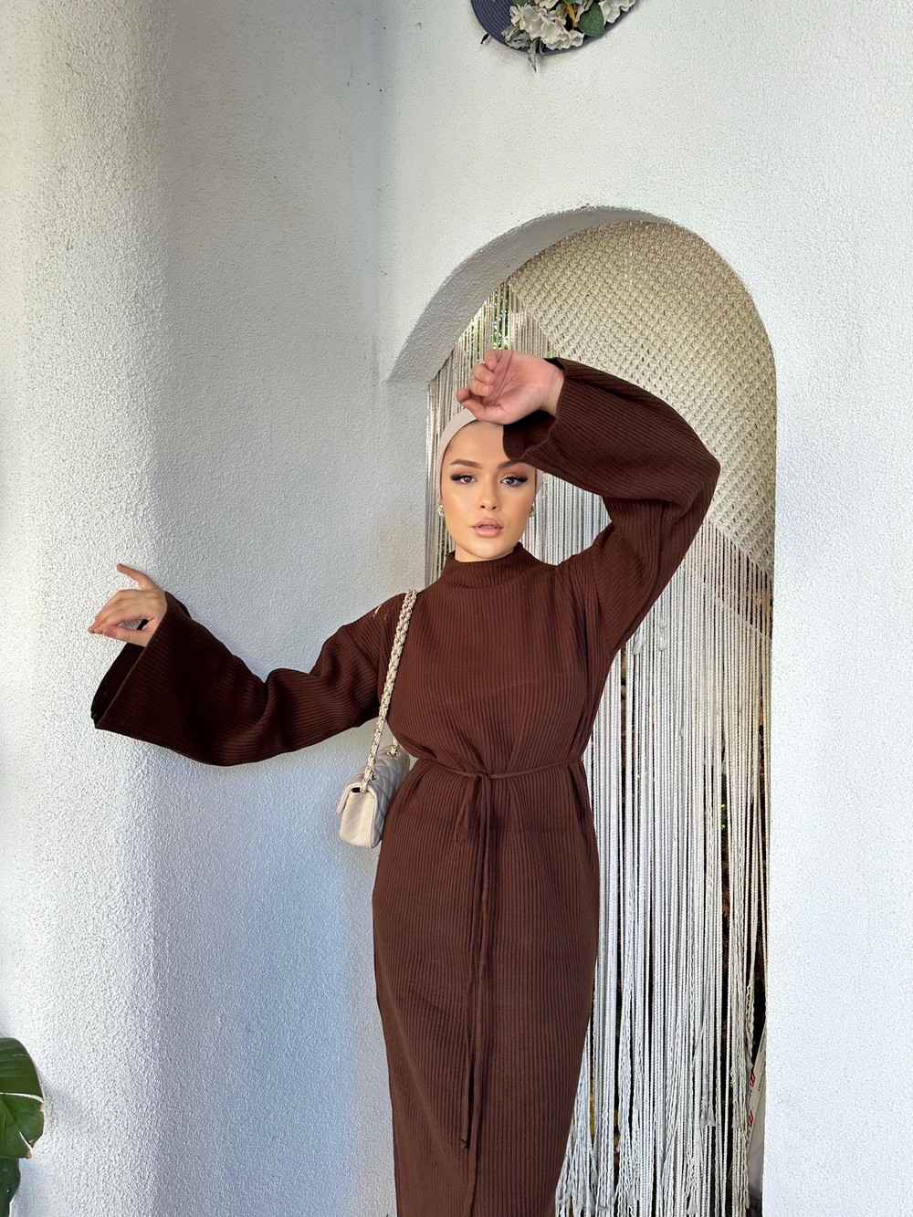 HR-3488H&R ButikDora İspanyol Kol Triko Elbise Kahve