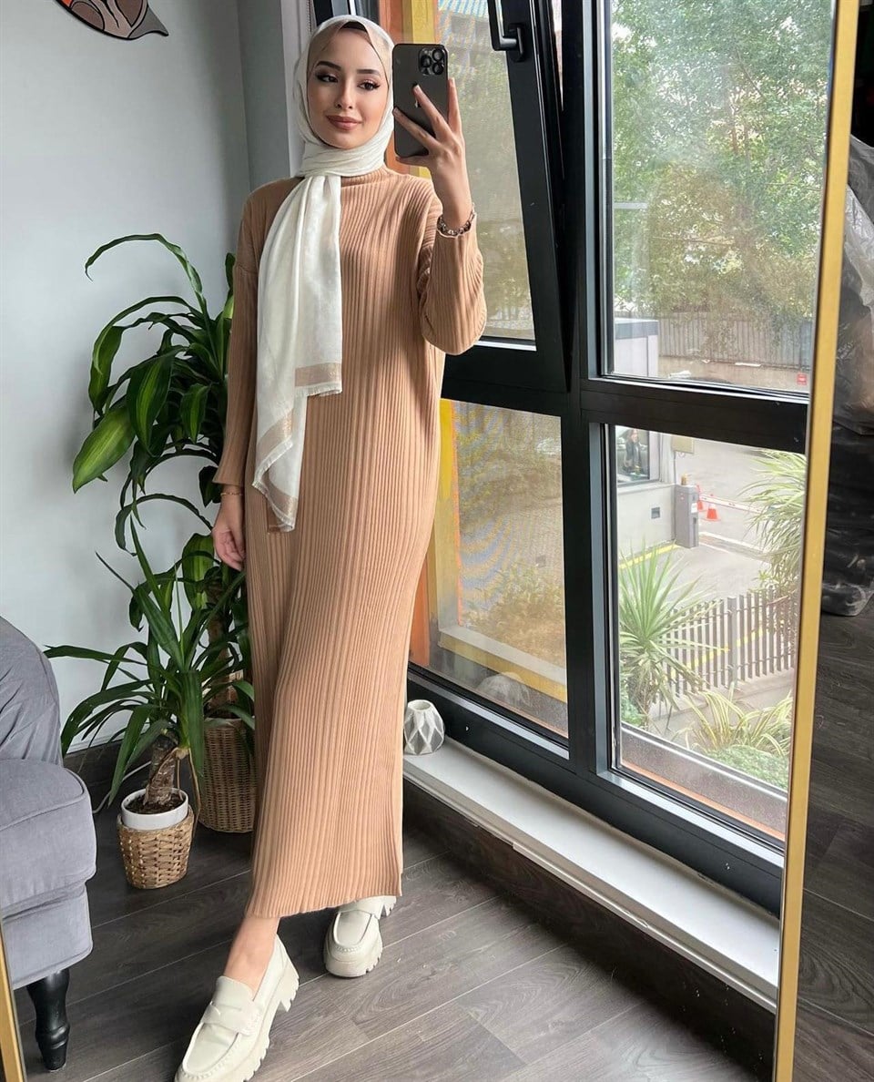 elbs-315H&R ButikFitilli Elbise Camel