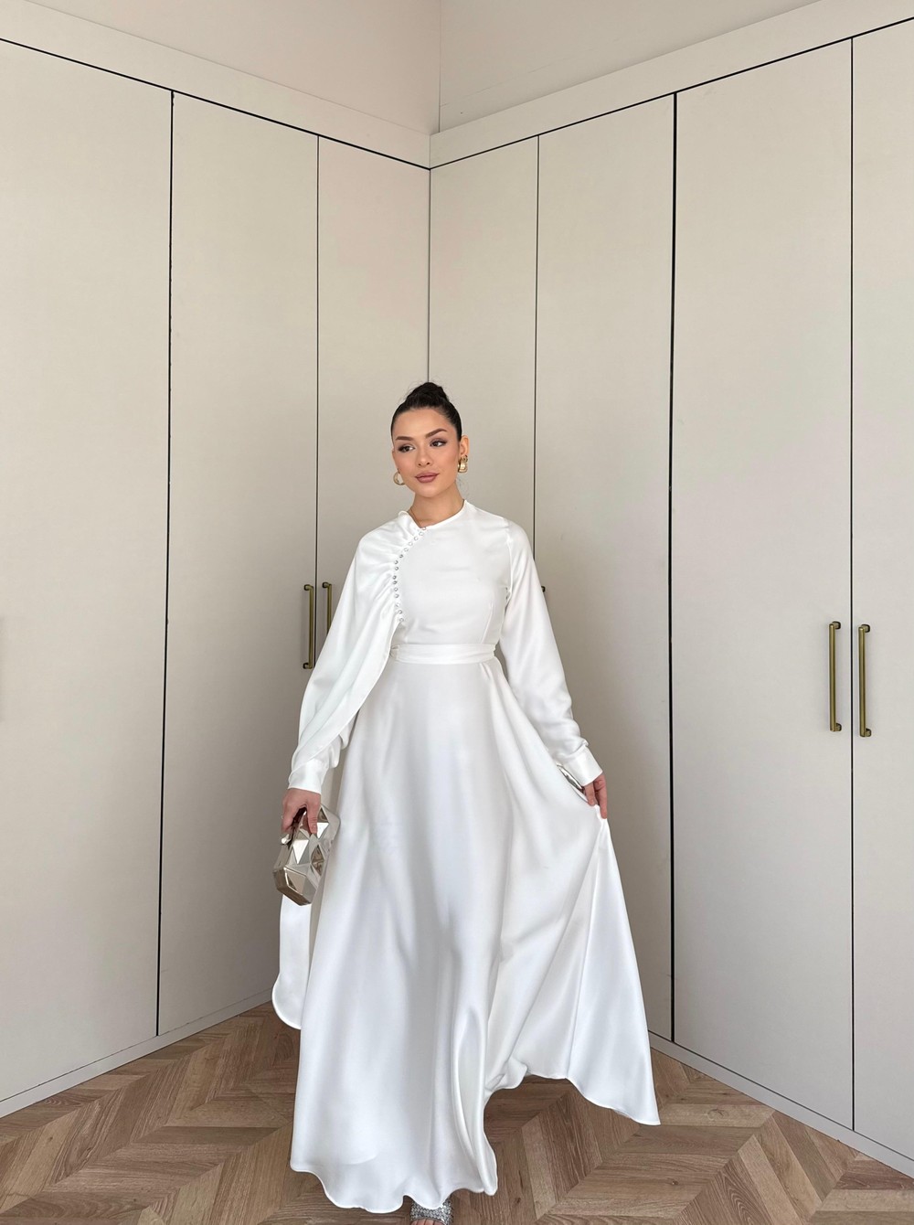 HR-0334H&R ButikFuş-Asena Saten Elbise Beyaz