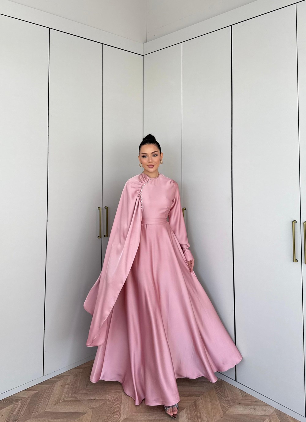 HR-0334H&R ButikFuş-Asena Saten Elbise Gül Kurusu