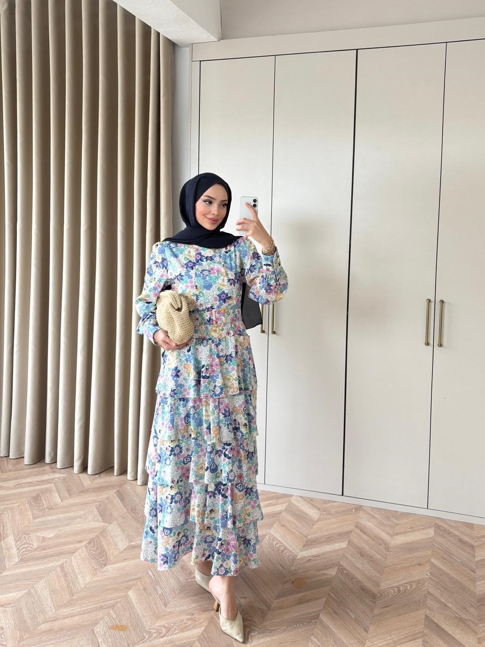 HR-0245H&R ButikFuş-Çiçek Desen Elbise Mavi