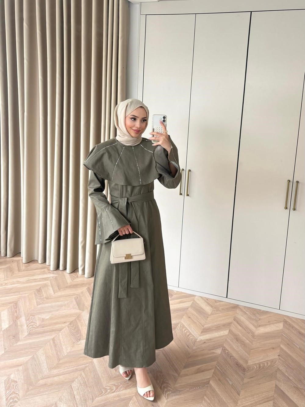 HR-0619H&R ButikFus- Eqi Taşlı Kot Elbise Haki
