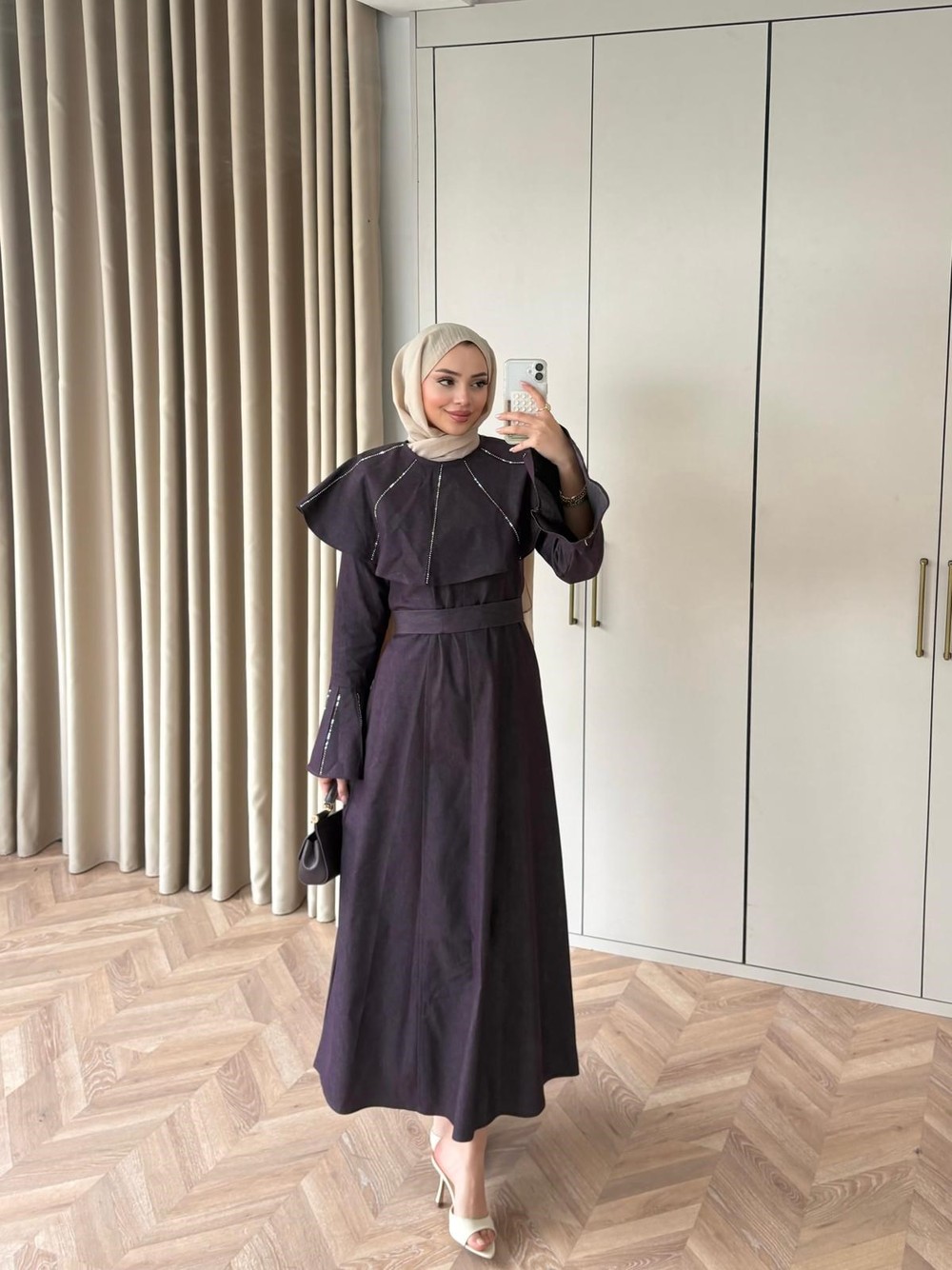 HR-0619H&R ButikFus- Eqi Taşlı Kot Elbise Mürdüm