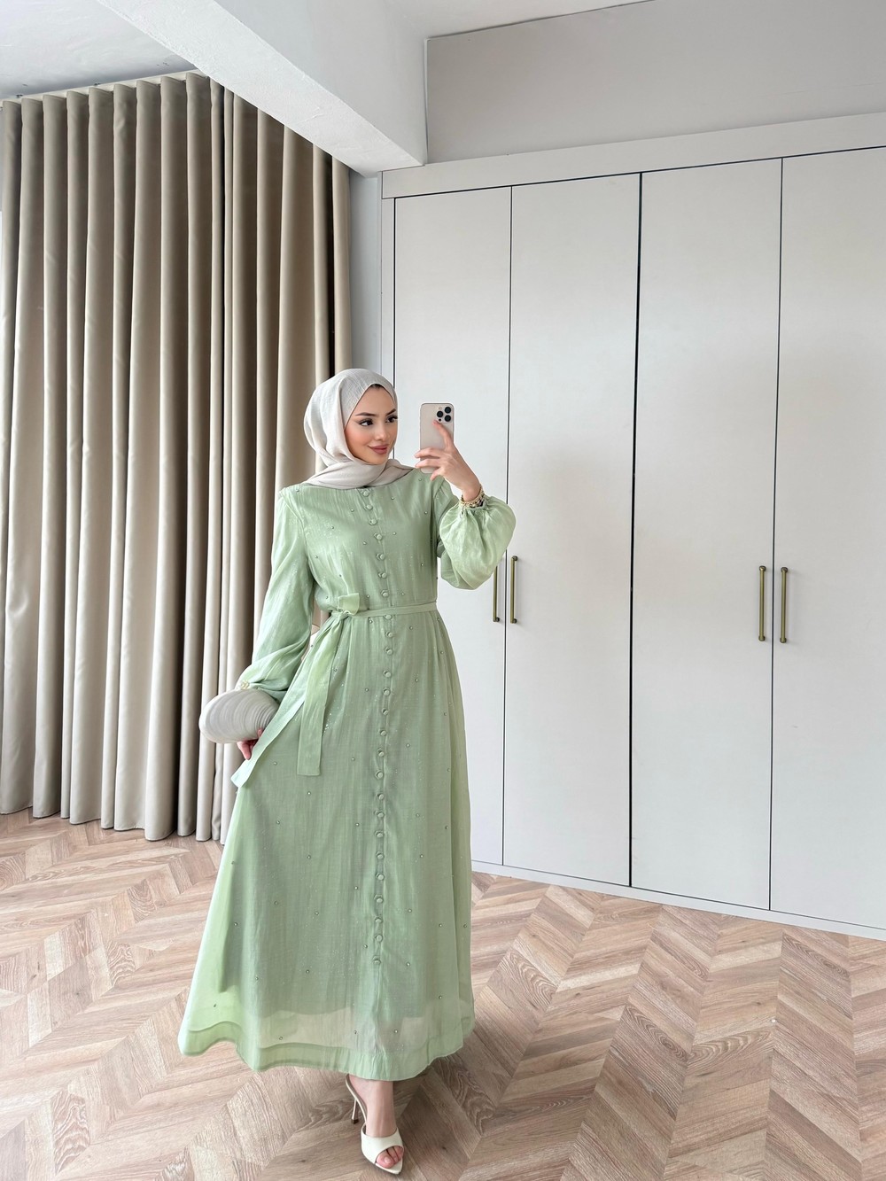HR-0061H&R ButikFus- Exna Taşlı Elbise Açık Yeşil
