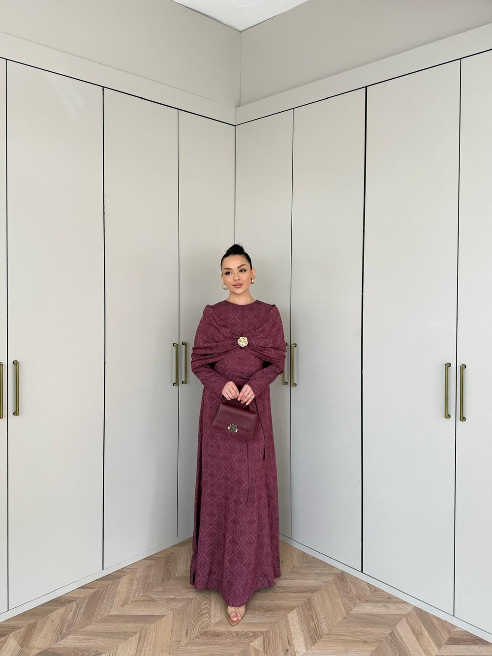 HR-0345H&R ButikFuş-Fulia Omuz Detaylı Desenli Elbise Gül Kurusu