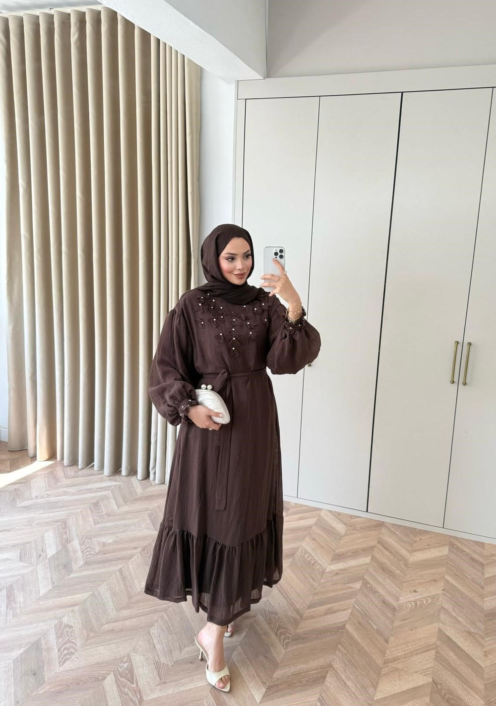 HR-0846H&R ButikFuş- Tila Çiçekli Elbise Kahverengi