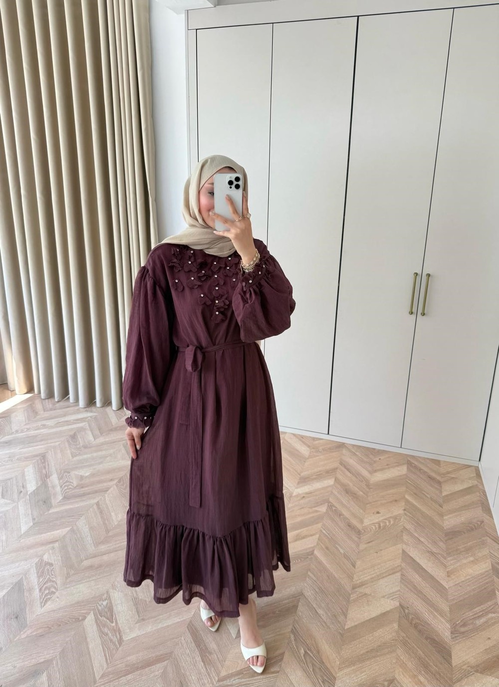 HR-0847H&R ButikFuş- Tila Çiçekli Elbise Bordo