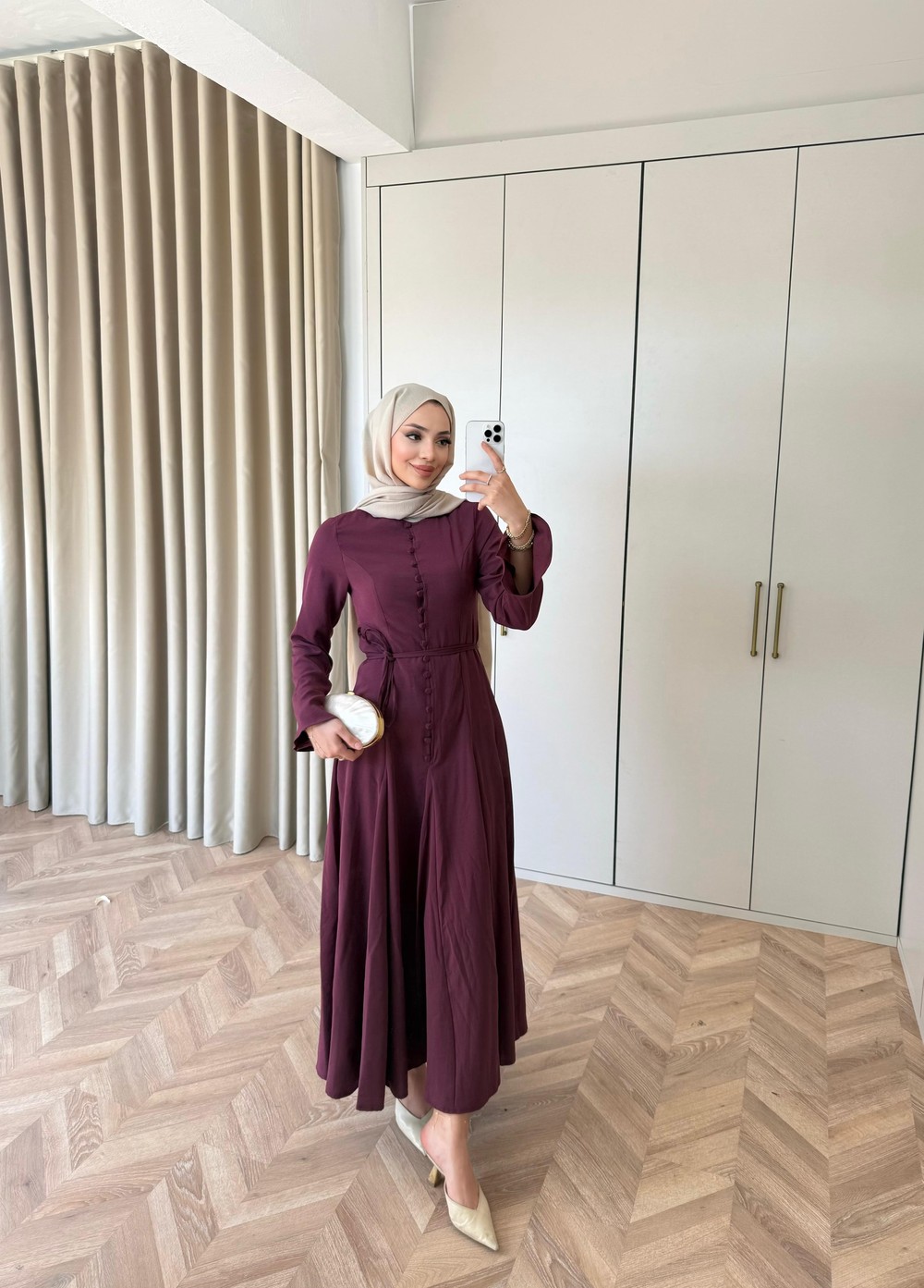 HR-0993H&R ButikHen- Saqwe Düğmeli Elbise Mürdüm