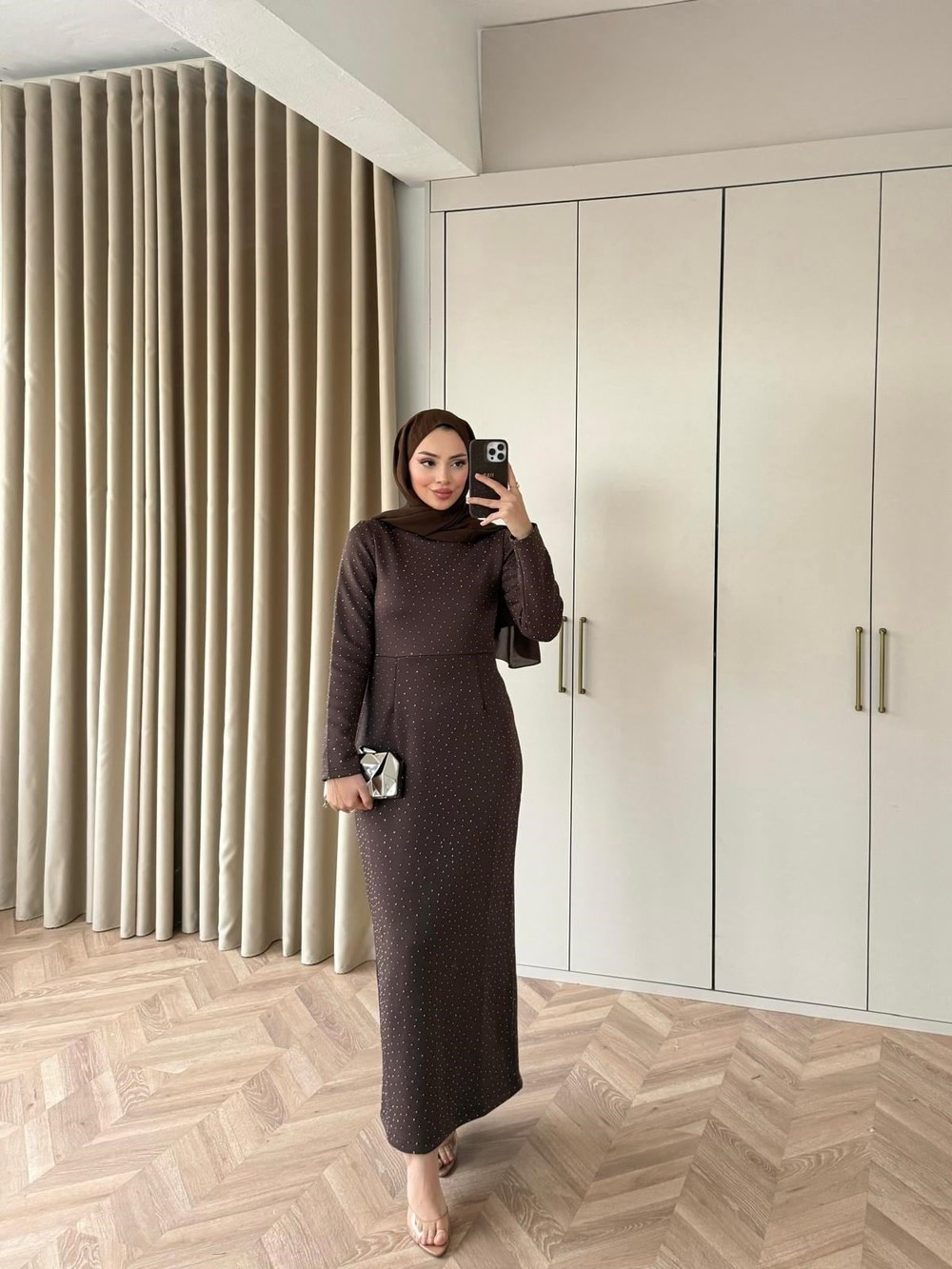 HR-0101H&R ButikHep- Arde Taşlı Elbise Acı Kahve