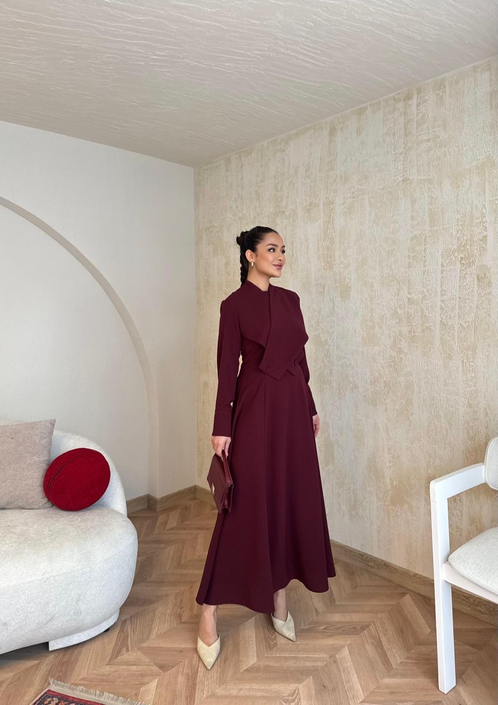 elbs-1604H&R ButikLessa Düğme Detaylı Elbise Bordo