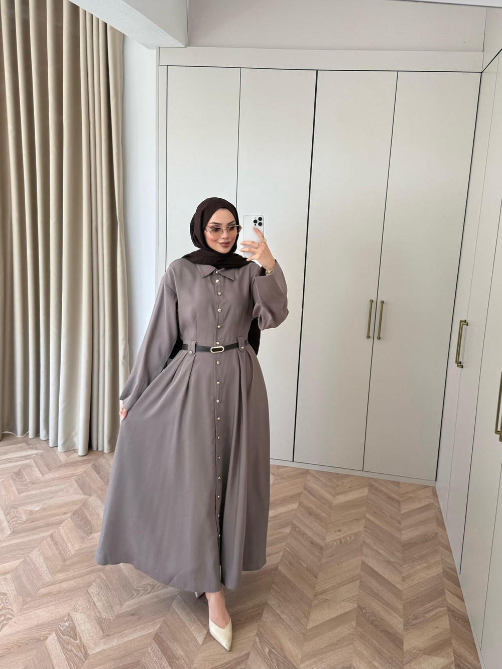 HR-0856H&R ButikMoi- Seli Bel Detaylı Elbise Vizon