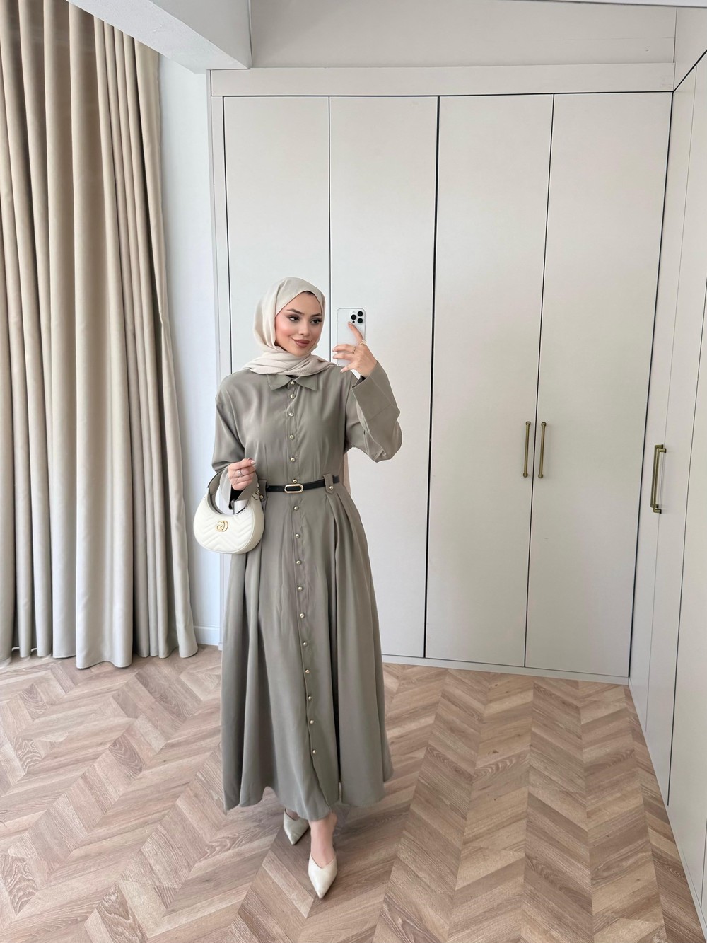 HR-0855H&R ButikMoi- Seli Bel Detaylı Elbise Haki