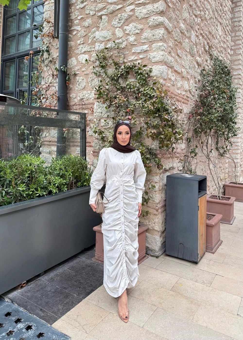 HR-0162H&R ButikQal-Alew Büzgülü Elbise Krem