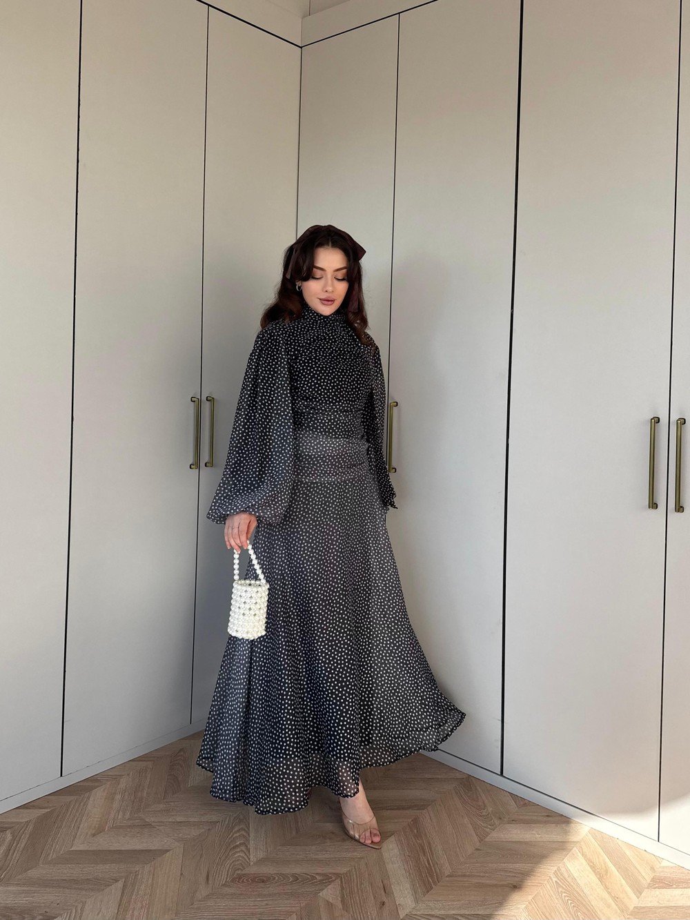 ELB-135H&R ButikQu-Lina Ponponlu Şifon Elbise Siyah