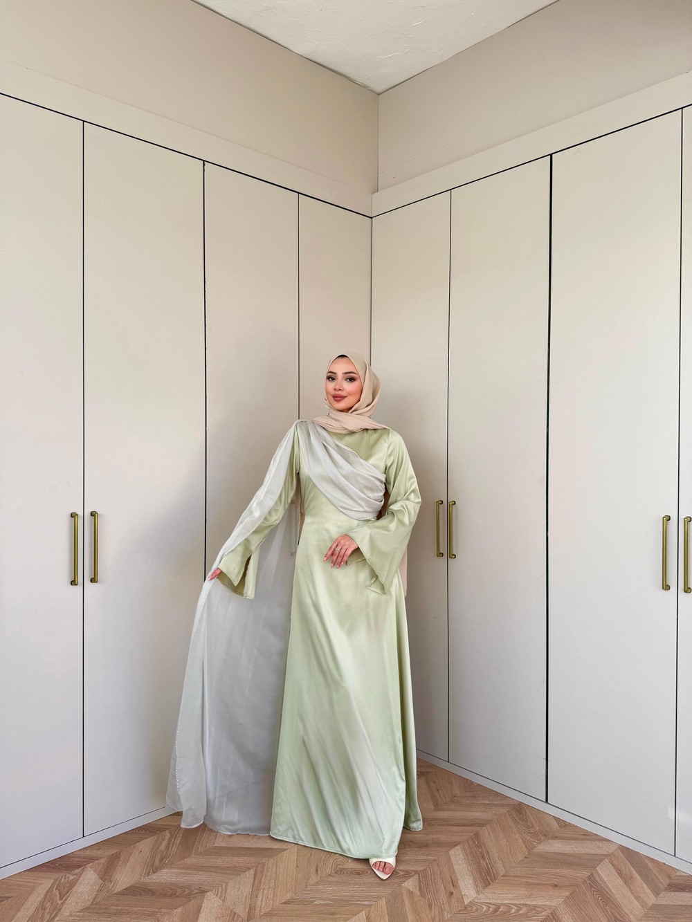 HR-0549H&R ButikSelen Saten Elbise Çağa Yeşili