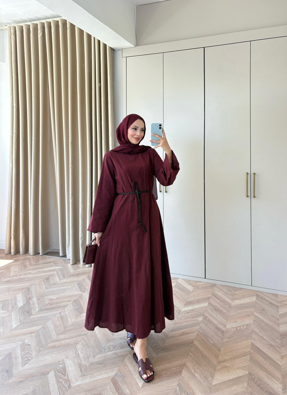 HR-1494H&R ButikTB - Gişa Keten Elbise Bordo