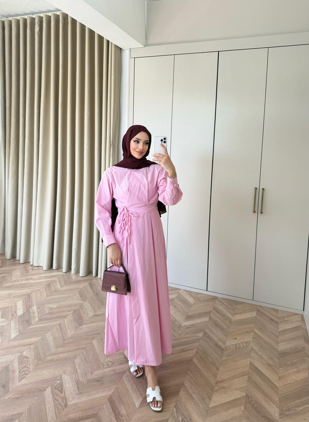 HR-1030H&R ButikTB - Lena İnce Çizgili Elbise Pembe