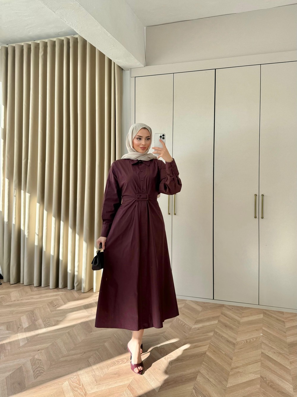ELB-209H&R ButikTB-Mansa Toka Detaylı Elbise Bordo