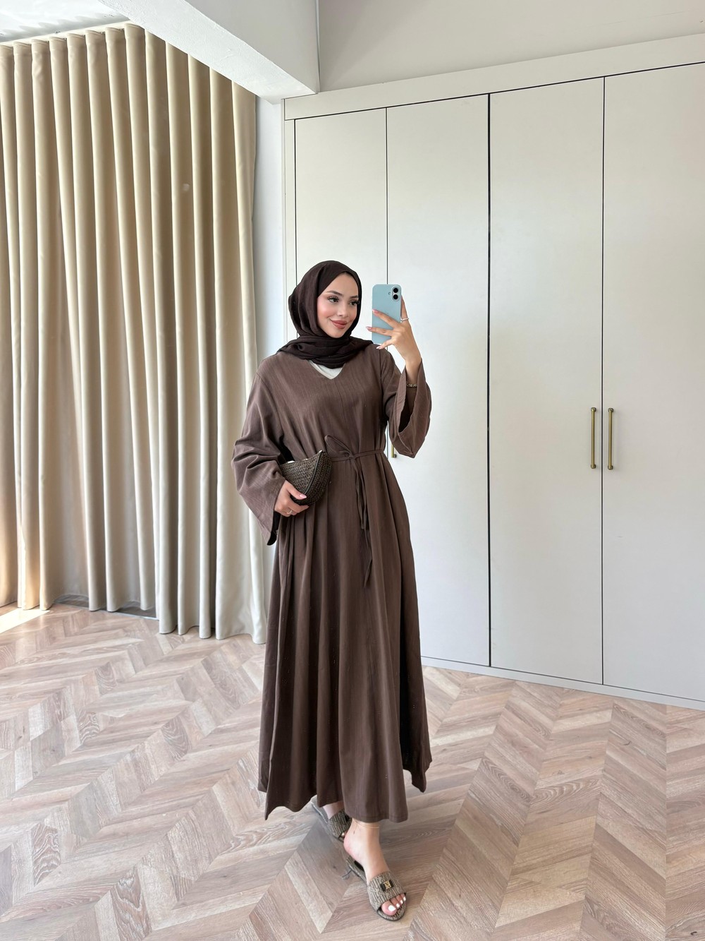 HR-1499H&R ButikTb- Öla V Ön Keten Elbise Kahve
